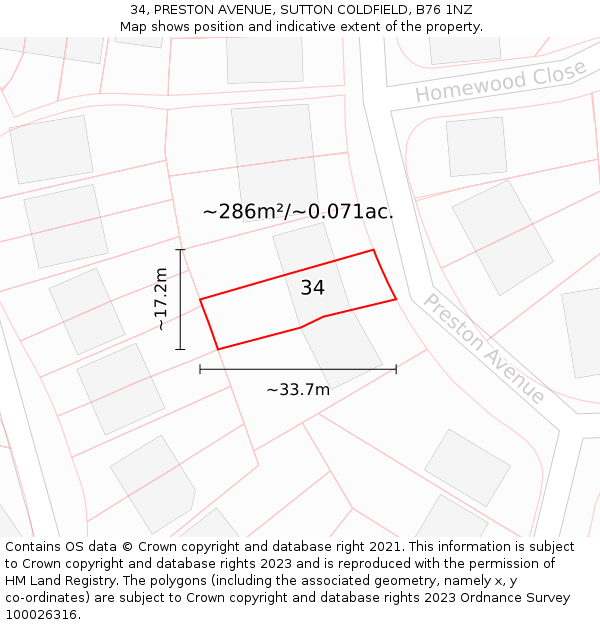 34, PRESTON AVENUE, SUTTON COLDFIELD, B76 1NZ: Plot and title map