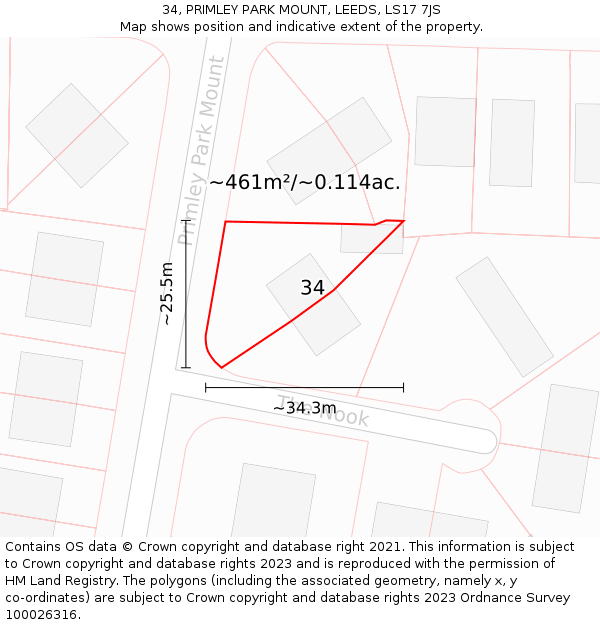 34, PRIMLEY PARK MOUNT, LEEDS, LS17 7JS: Plot and title map
