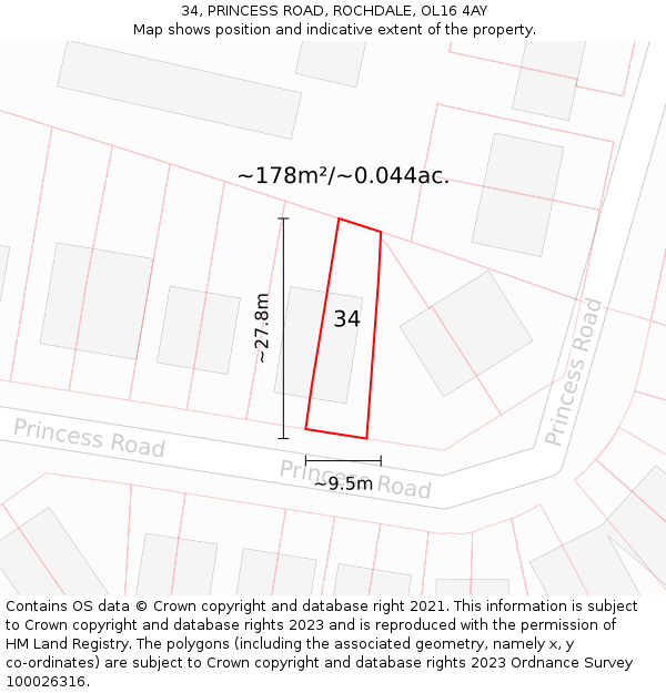 34, PRINCESS ROAD, ROCHDALE, OL16 4AY: Plot and title map