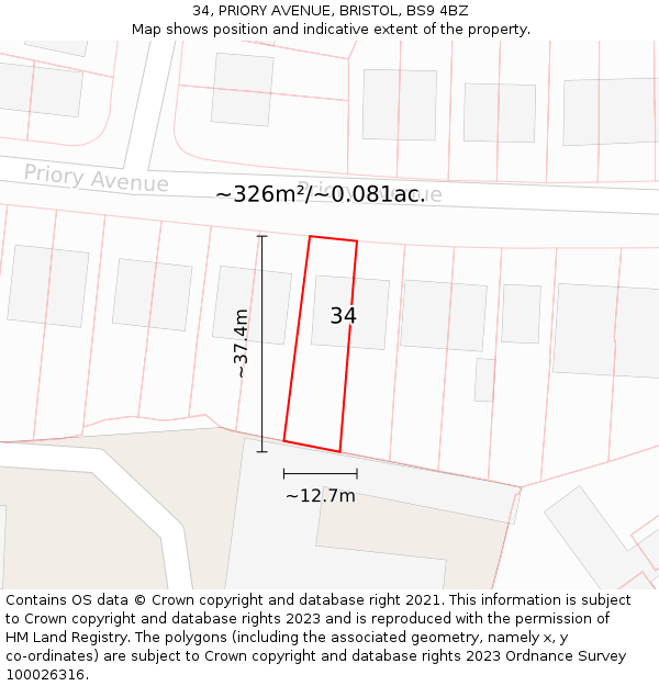 34, PRIORY AVENUE, BRISTOL, BS9 4BZ: Plot and title map