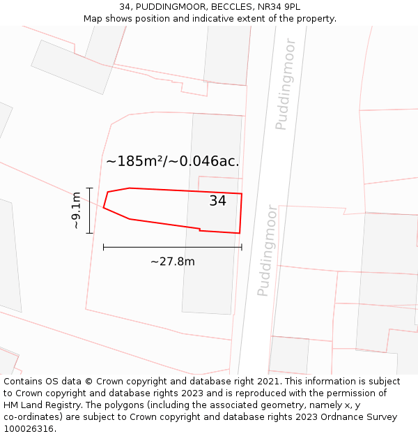 34, PUDDINGMOOR, BECCLES, NR34 9PL: Plot and title map
