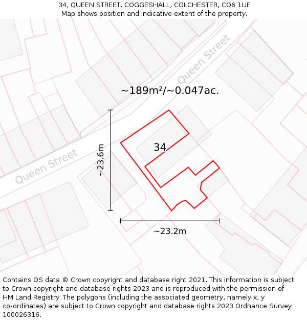 34, QUEEN STREET, COGGESHALL, COLCHESTER, CO6 1UF: Plot and title map