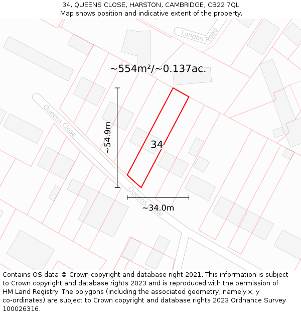 34, QUEENS CLOSE, HARSTON, CAMBRIDGE, CB22 7QL: Plot and title map