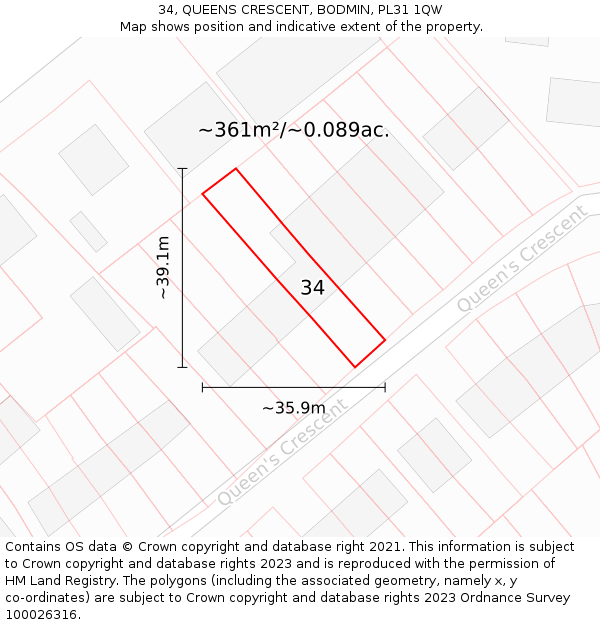 34, QUEENS CRESCENT, BODMIN, PL31 1QW: Plot and title map