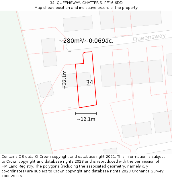 34, QUEENSWAY, CHATTERIS, PE16 6DD: Plot and title map