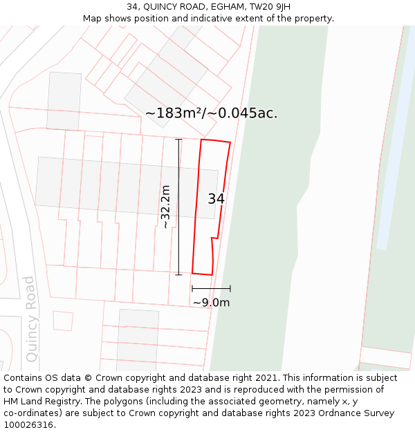 34, QUINCY ROAD, EGHAM, TW20 9JH: Plot and title map