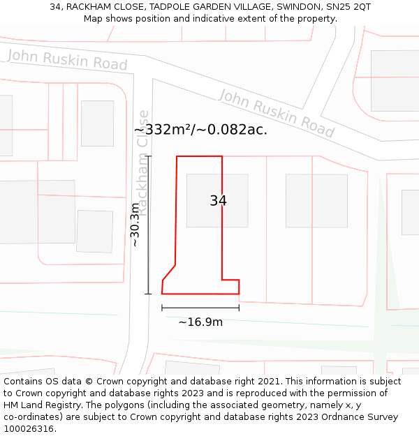 34, RACKHAM CLOSE, TADPOLE GARDEN VILLAGE, SWINDON, SN25 2QT: Plot and title map