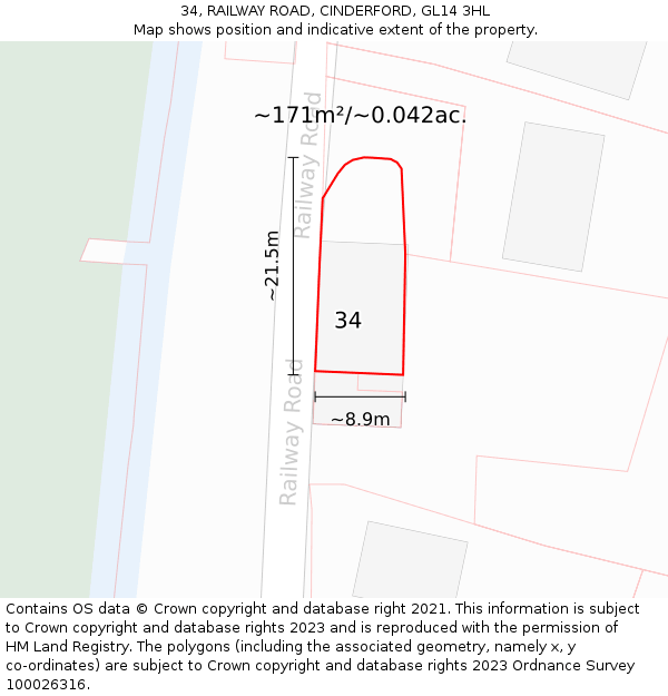 34, RAILWAY ROAD, CINDERFORD, GL14 3HL: Plot and title map