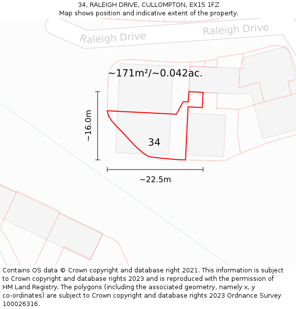 34, RALEIGH DRIVE, CULLOMPTON, EX15 1FZ: Plot and title map