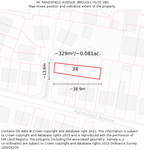 34, RANDSFIELD AVENUE, BROUGH, HU15 1BG: Plot and title map