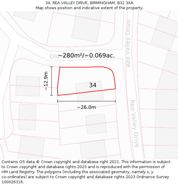 34, REA VALLEY DRIVE, BIRMINGHAM, B31 3XA: Plot and title map
