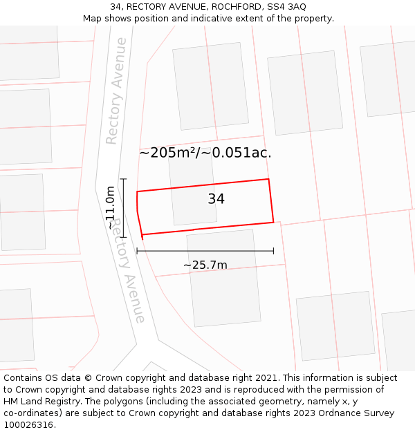 34, RECTORY AVENUE, ROCHFORD, SS4 3AQ: Plot and title map