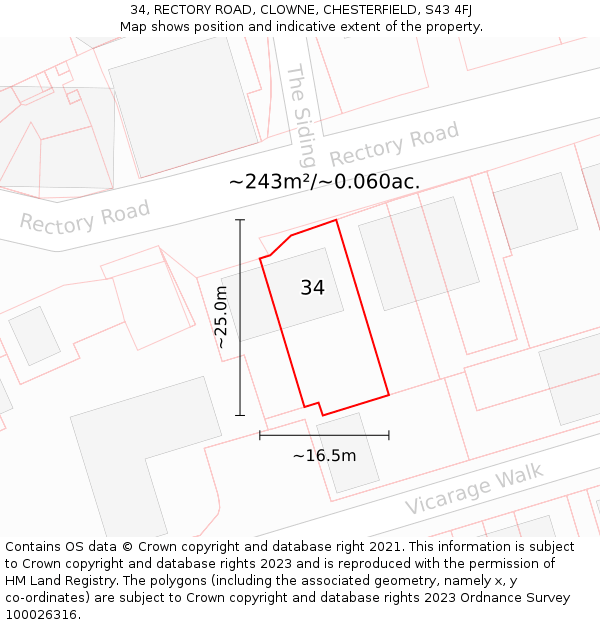 34, RECTORY ROAD, CLOWNE, CHESTERFIELD, S43 4FJ: Plot and title map