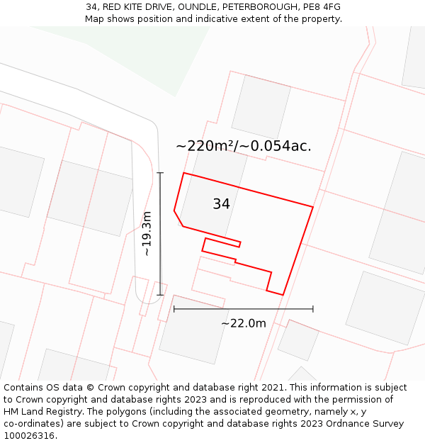 34, RED KITE DRIVE, OUNDLE, PETERBOROUGH, PE8 4FG: Plot and title map