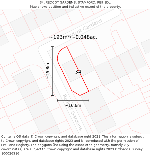 34, REDCOT GARDENS, STAMFORD, PE9 1DL: Plot and title map