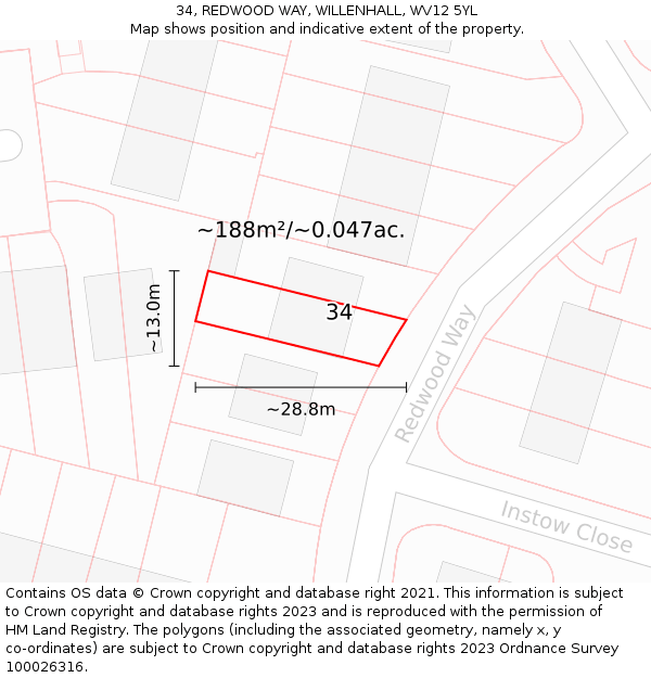 34, REDWOOD WAY, WILLENHALL, WV12 5YL: Plot and title map