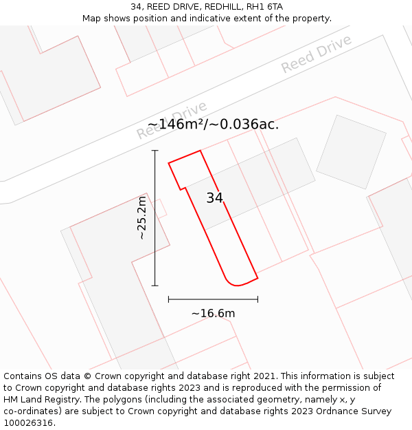 34, REED DRIVE, REDHILL, RH1 6TA: Plot and title map