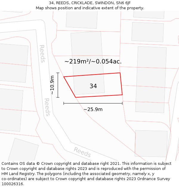 34, REEDS, CRICKLADE, SWINDON, SN6 6JF: Plot and title map