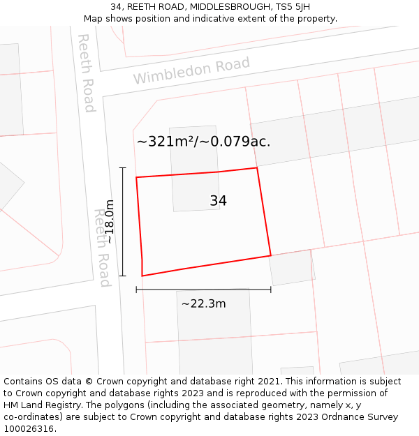 34, REETH ROAD, MIDDLESBROUGH, TS5 5JH: Plot and title map