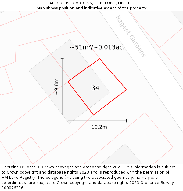 34, REGENT GARDENS, HEREFORD, HR1 1EZ: Plot and title map