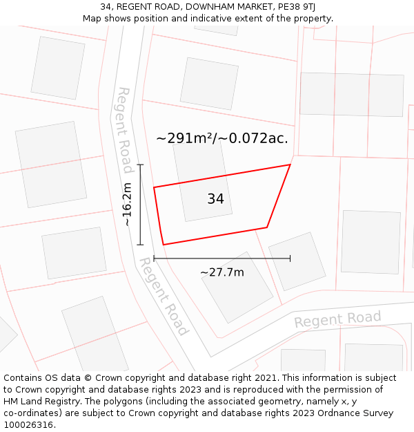 34, REGENT ROAD, DOWNHAM MARKET, PE38 9TJ: Plot and title map
