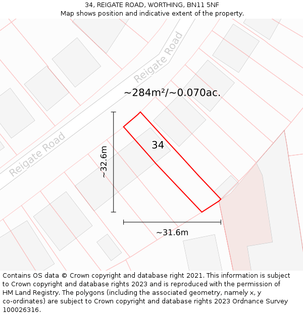 34, REIGATE ROAD, WORTHING, BN11 5NF: Plot and title map