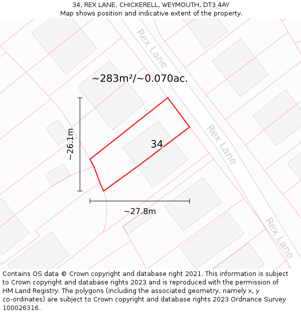 34, REX LANE, CHICKERELL, WEYMOUTH, DT3 4AY: Plot and title map