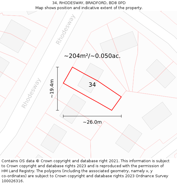 34, RHODESWAY, BRADFORD, BD8 0PD: Plot and title map