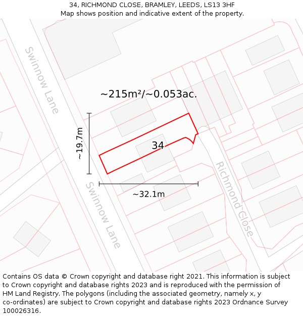 34, RICHMOND CLOSE, BRAMLEY, LEEDS, LS13 3HF: Plot and title map