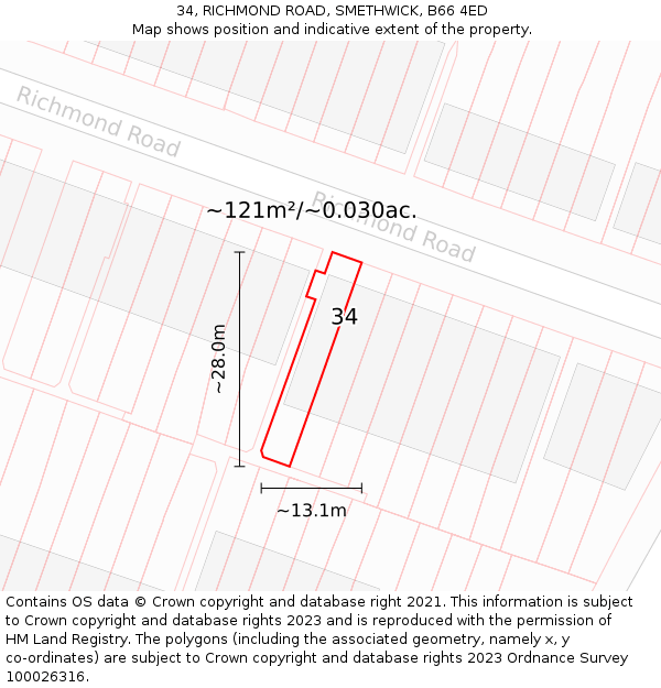34, RICHMOND ROAD, SMETHWICK, B66 4ED: Plot and title map