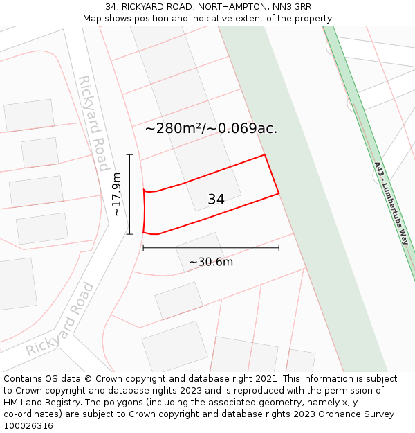34, RICKYARD ROAD, NORTHAMPTON, NN3 3RR: Plot and title map
