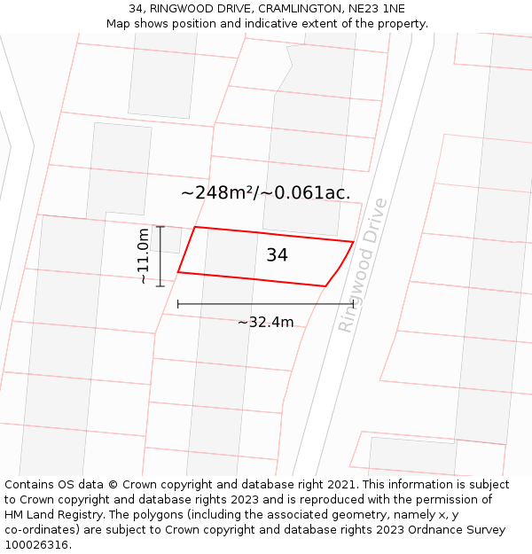 34, RINGWOOD DRIVE, CRAMLINGTON, NE23 1NE: Plot and title map