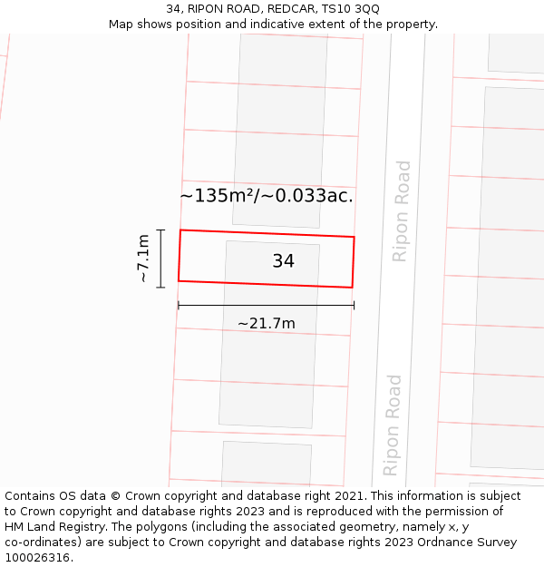 34, RIPON ROAD, REDCAR, TS10 3QQ: Plot and title map