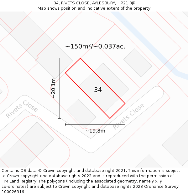34, RIVETS CLOSE, AYLESBURY, HP21 8JP: Plot and title map