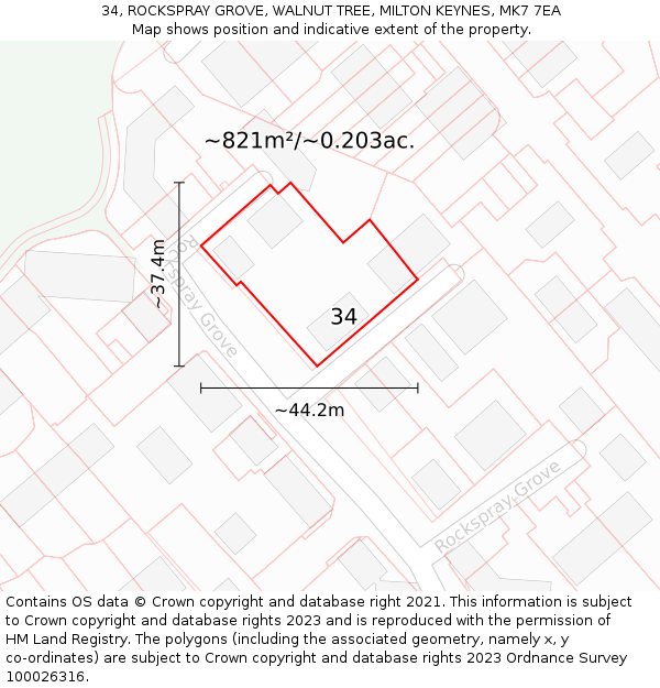 34, ROCKSPRAY GROVE, WALNUT TREE, MILTON KEYNES, MK7 7EA: Plot and title map