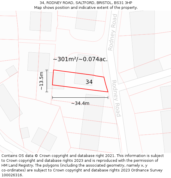 34, RODNEY ROAD, SALTFORD, BRISTOL, BS31 3HP: Plot and title map