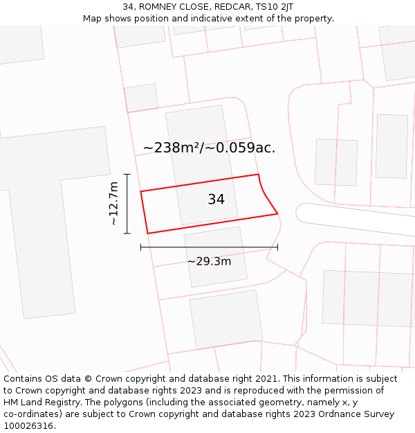 34, ROMNEY CLOSE, REDCAR, TS10 2JT: Plot and title map