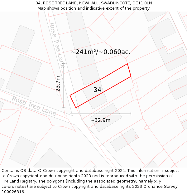 34, ROSE TREE LANE, NEWHALL, SWADLINCOTE, DE11 0LN: Plot and title map