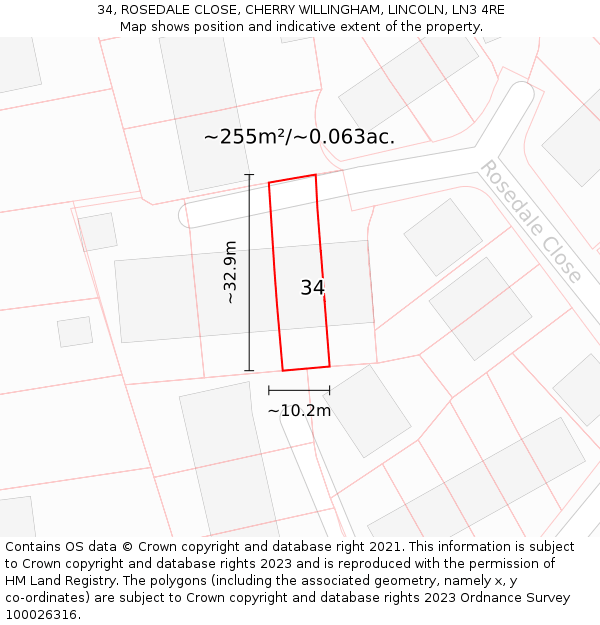 34, ROSEDALE CLOSE, CHERRY WILLINGHAM, LINCOLN, LN3 4RE: Plot and title map