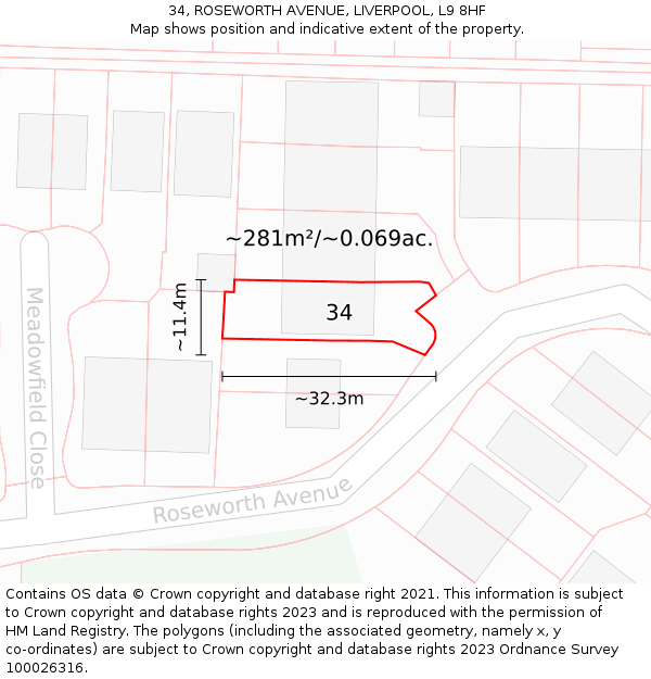 34, ROSEWORTH AVENUE, LIVERPOOL, L9 8HF: Plot and title map