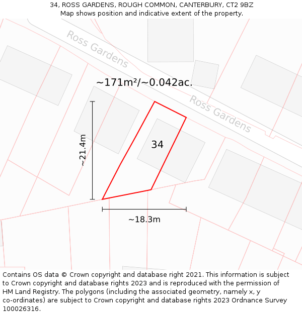 34, ROSS GARDENS, ROUGH COMMON, CANTERBURY, CT2 9BZ: Plot and title map