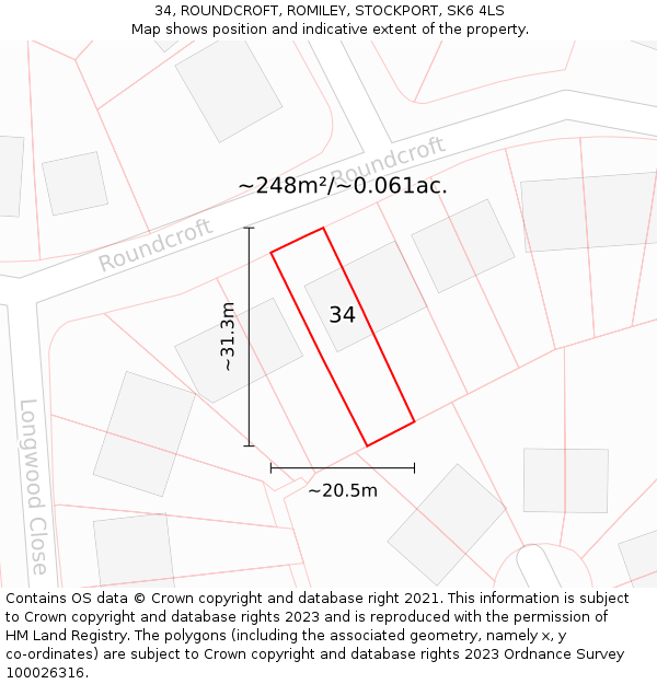 34, ROUNDCROFT, ROMILEY, STOCKPORT, SK6 4LS: Plot and title map