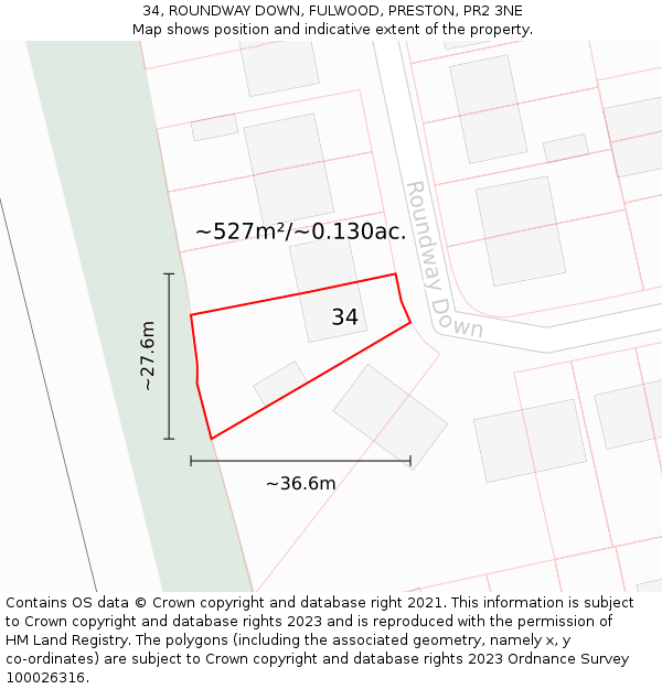 34, ROUNDWAY DOWN, FULWOOD, PRESTON, PR2 3NE: Plot and title map