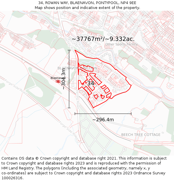 34, ROWAN WAY, BLAENAVON, PONTYPOOL, NP4 9EE: Plot and title map