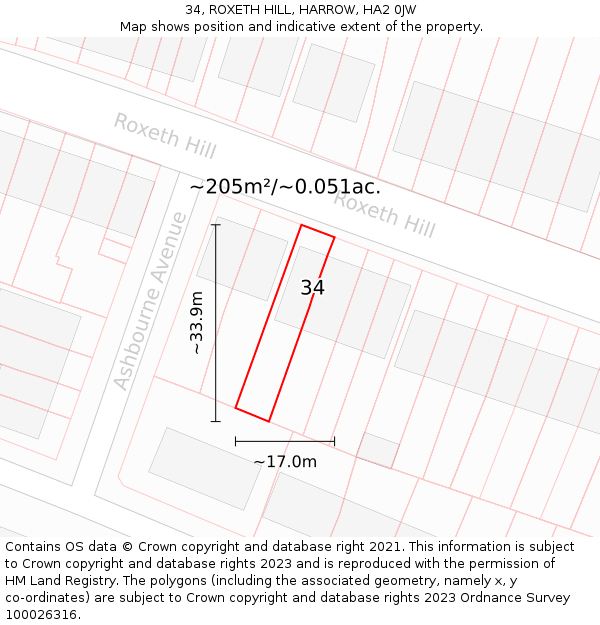34, ROXETH HILL, HARROW, HA2 0JW: Plot and title map