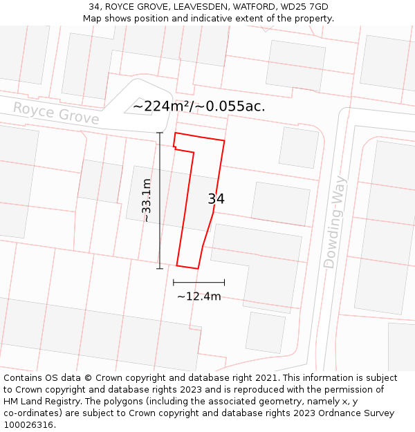 34, ROYCE GROVE, LEAVESDEN, WATFORD, WD25 7GD: Plot and title map