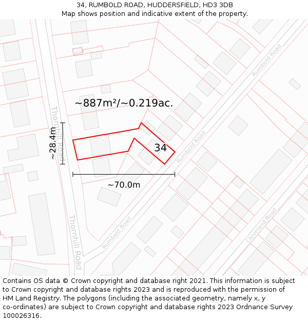34, RUMBOLD ROAD, HUDDERSFIELD, HD3 3DB: Plot and title map
