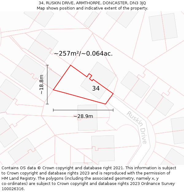 34, RUSKIN DRIVE, ARMTHORPE, DONCASTER, DN3 3JQ: Plot and title map