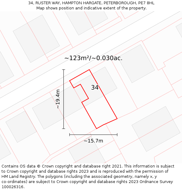 34, RUSTER WAY, HAMPTON HARGATE, PETERBOROUGH, PE7 8HL: Plot and title map