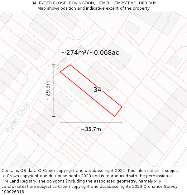 34, RYDER CLOSE, BOVINGDON, HEMEL HEMPSTEAD, HP3 0HY: Plot and title map